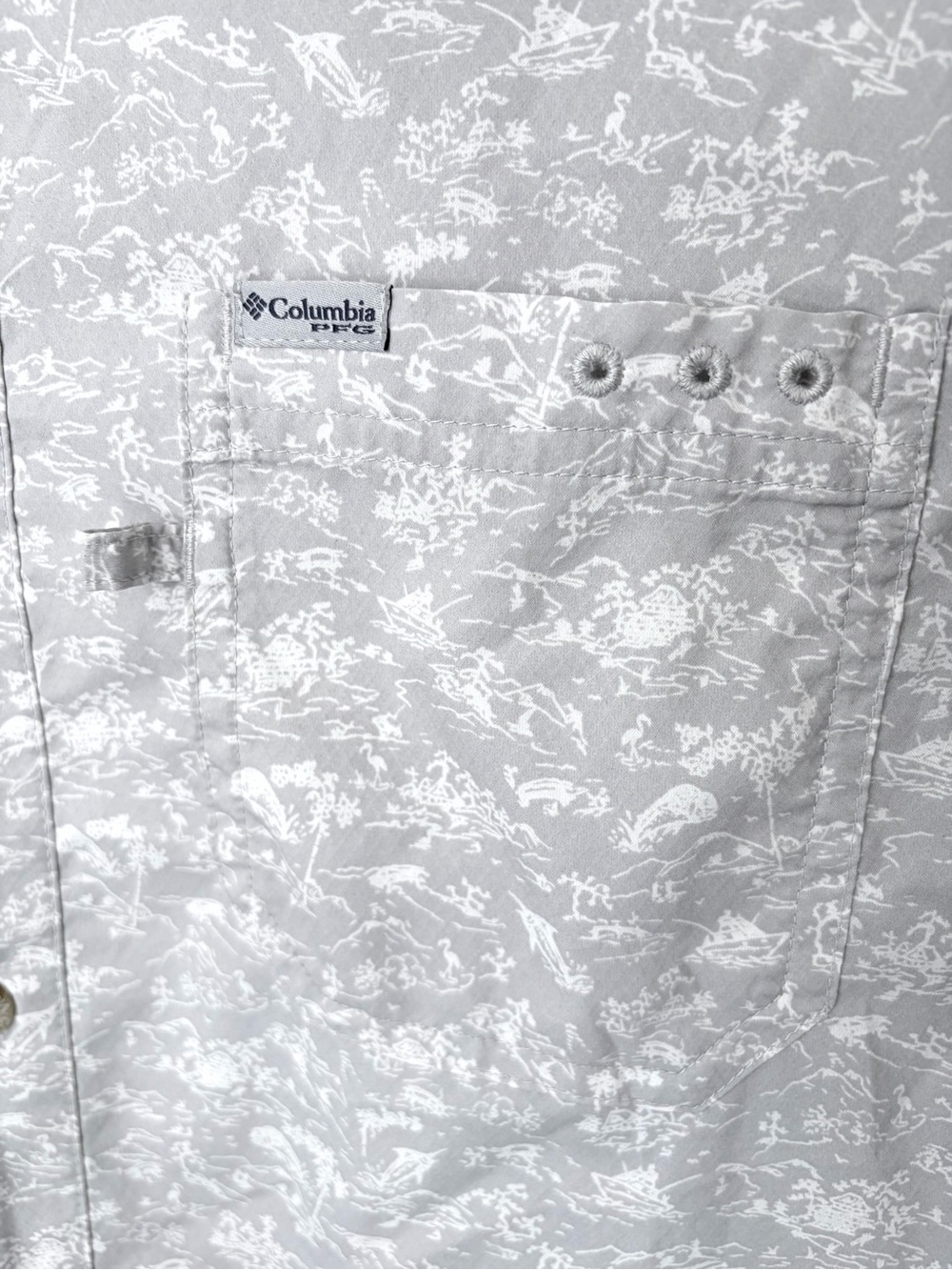 Columbia PFG Omni-Shade Gray Fish Boat Pattern Short Sleeve Button Down Shirt L - Picture 2 of 10
